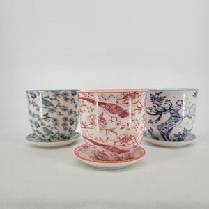 Set of 3 Ceramic Planters with Saucers Bird Stag Floral Blue Red Green 4 Inch